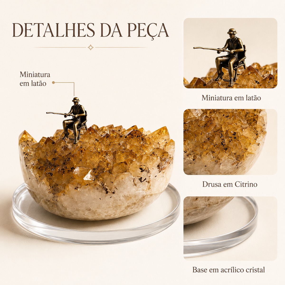 Escultura Decorativa com Drusa em Citrino e Pescador em Latão – Base Acrílica