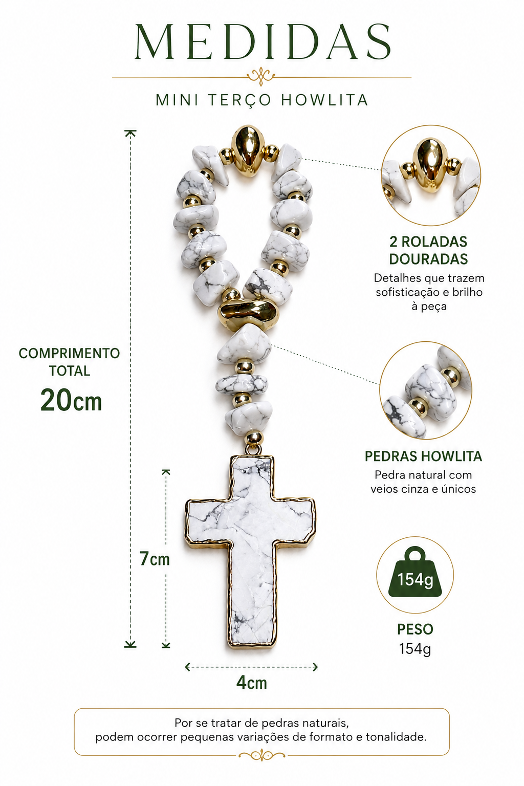 Mini Terço Decorativo em Howlita com Cruz de Pedra e Detalhes Dourados – 20 cm