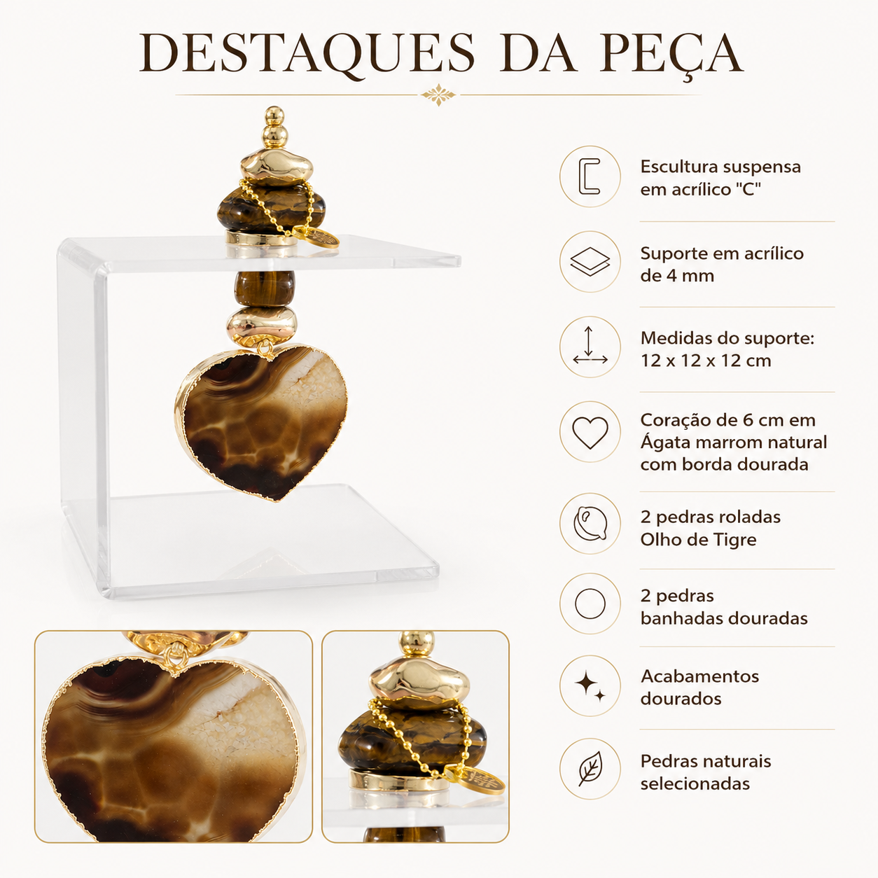 Escultura Decorativa  em Acrílico com Coração de Ágata Natural, Olho de Tigre e Acabamentos Dourados