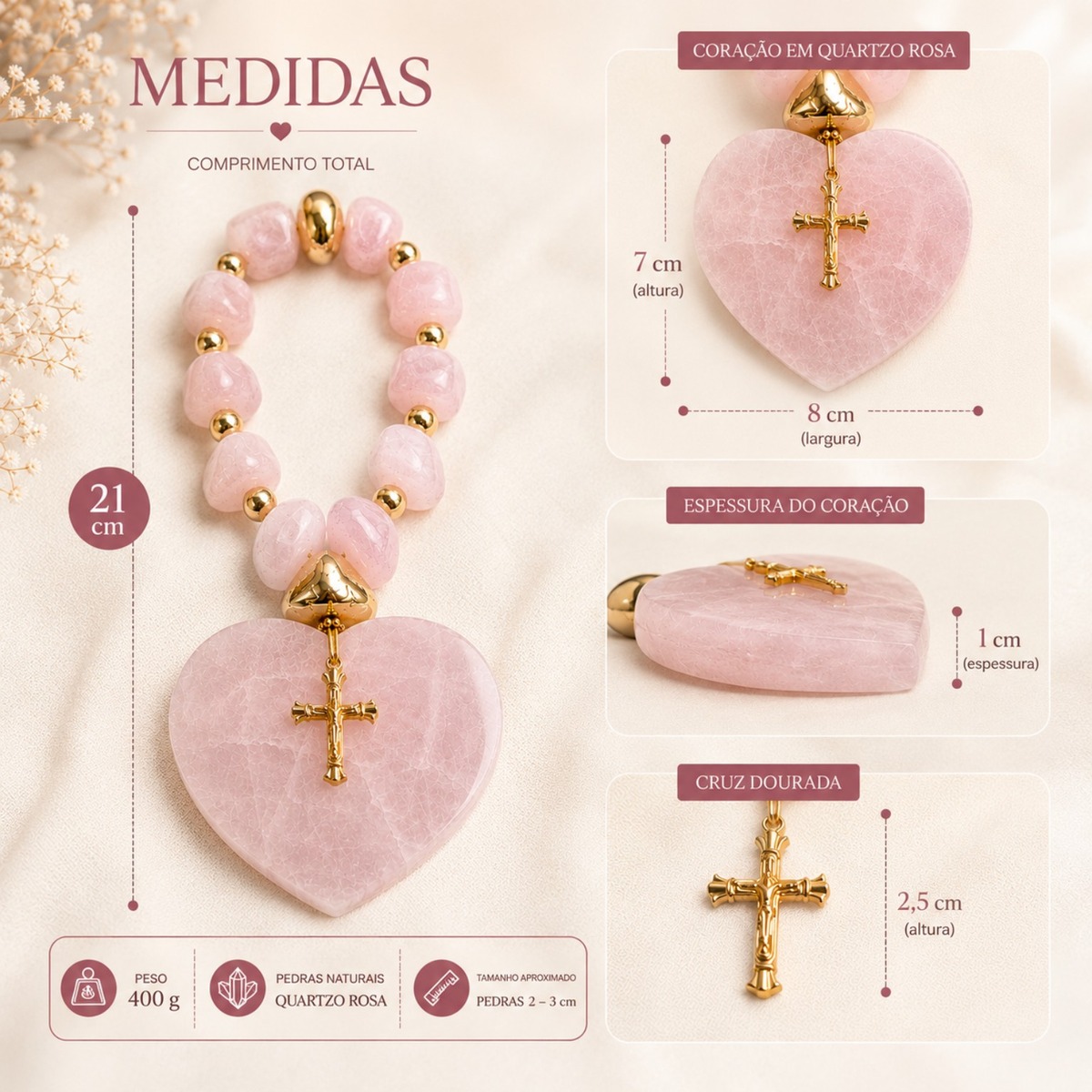 Terço Decorativo em Quartzo Rosa Natural com Coração e Cruz Dourada