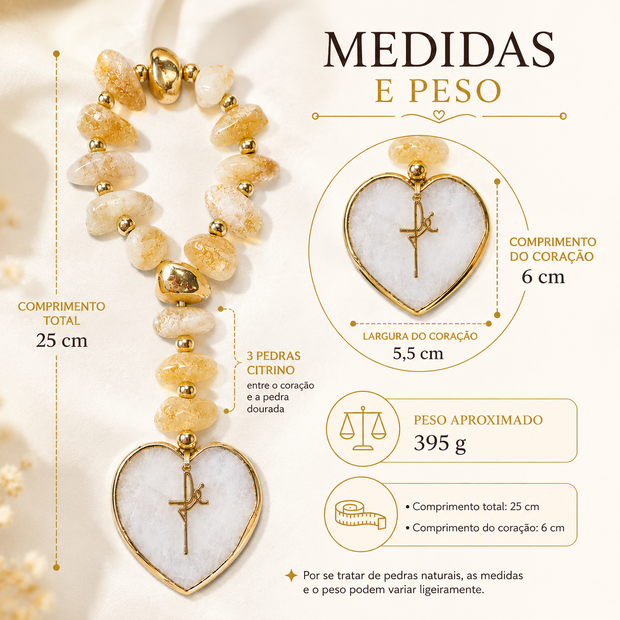 Terço Decorativo em Citrino com Coração de Ágata Branca e Detalhes Dourados