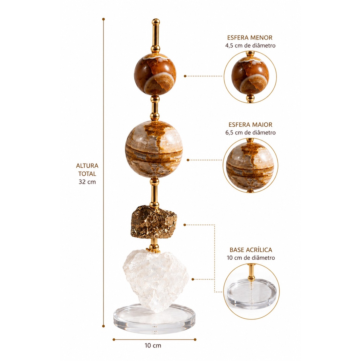Escultura Decorativa em Ágata Natural com Quartzo Branco e Base Acrílica 32 cm