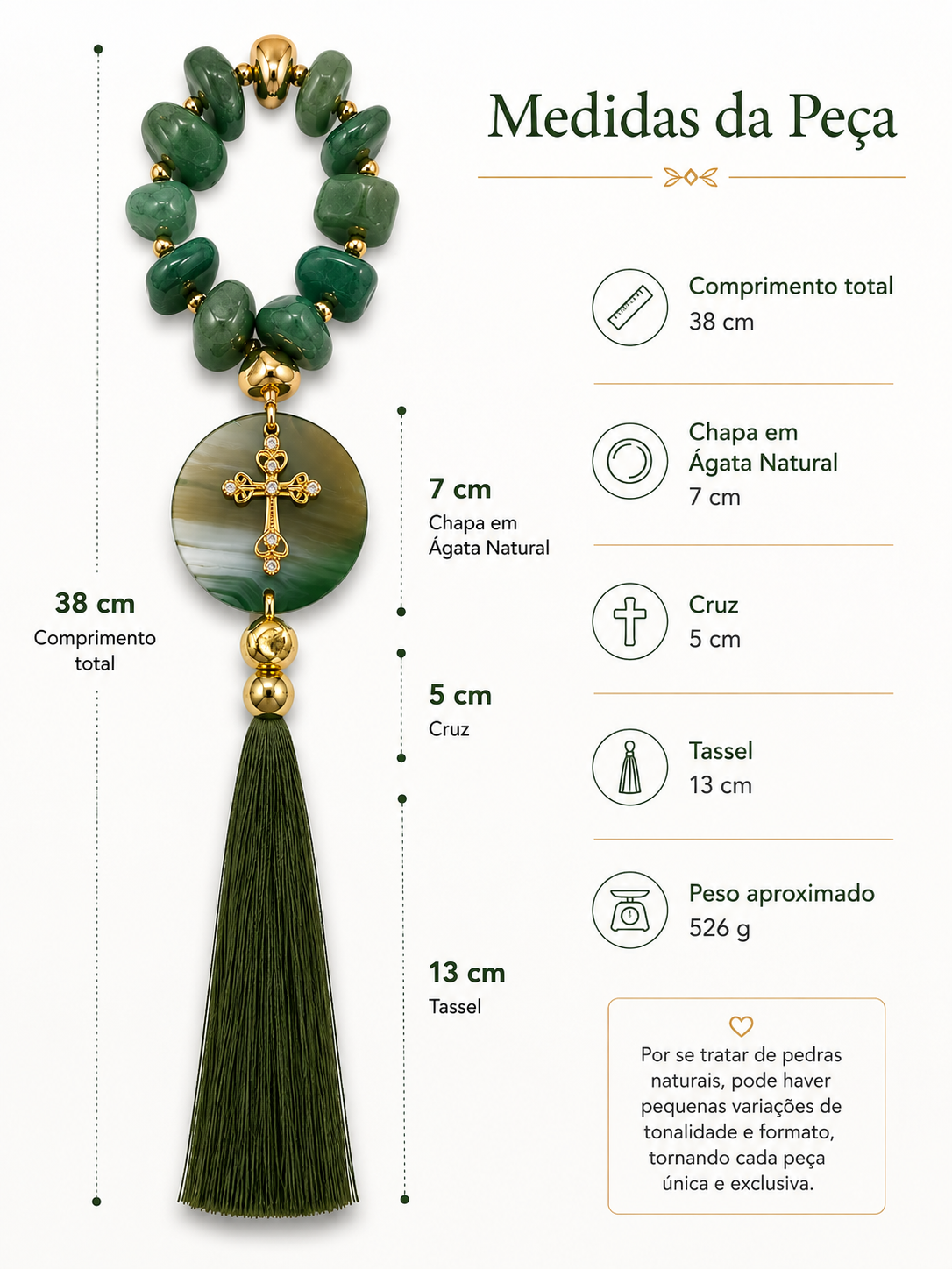 Terço Decorativo em Quartzo Verde com Chapa em Ágata Natural 38 cm