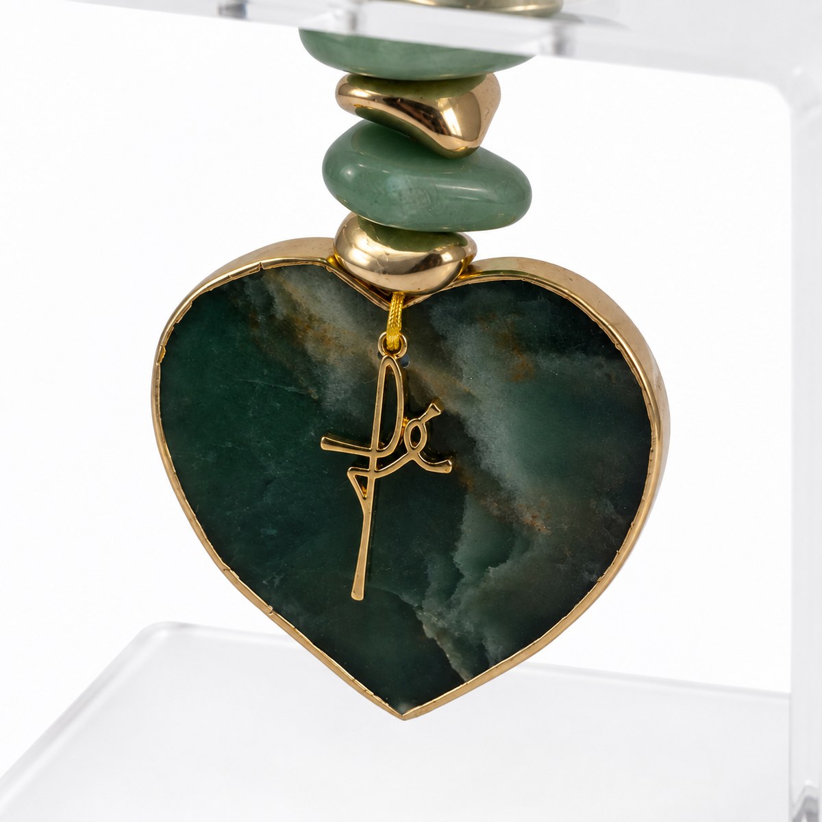 Suporte Decorativo Acrílico com Coração de Quartzo Verde Pedra Natural