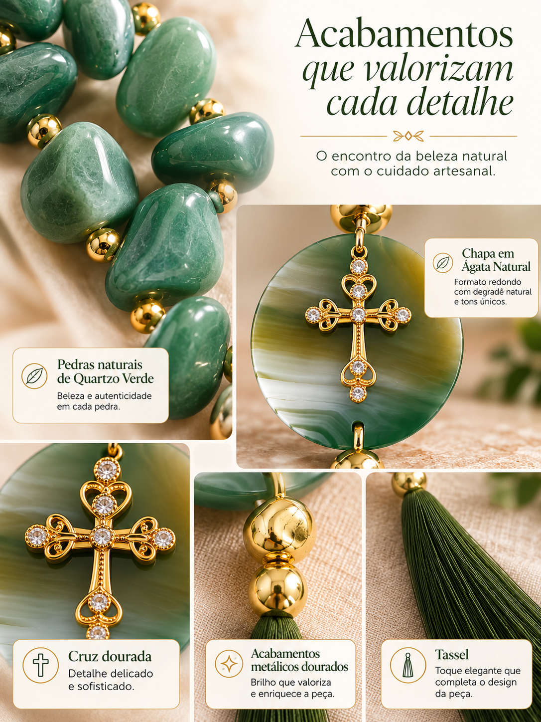 Terço Decorativo em Quartzo Verde com Chapa em Ágata Natural 38 cm