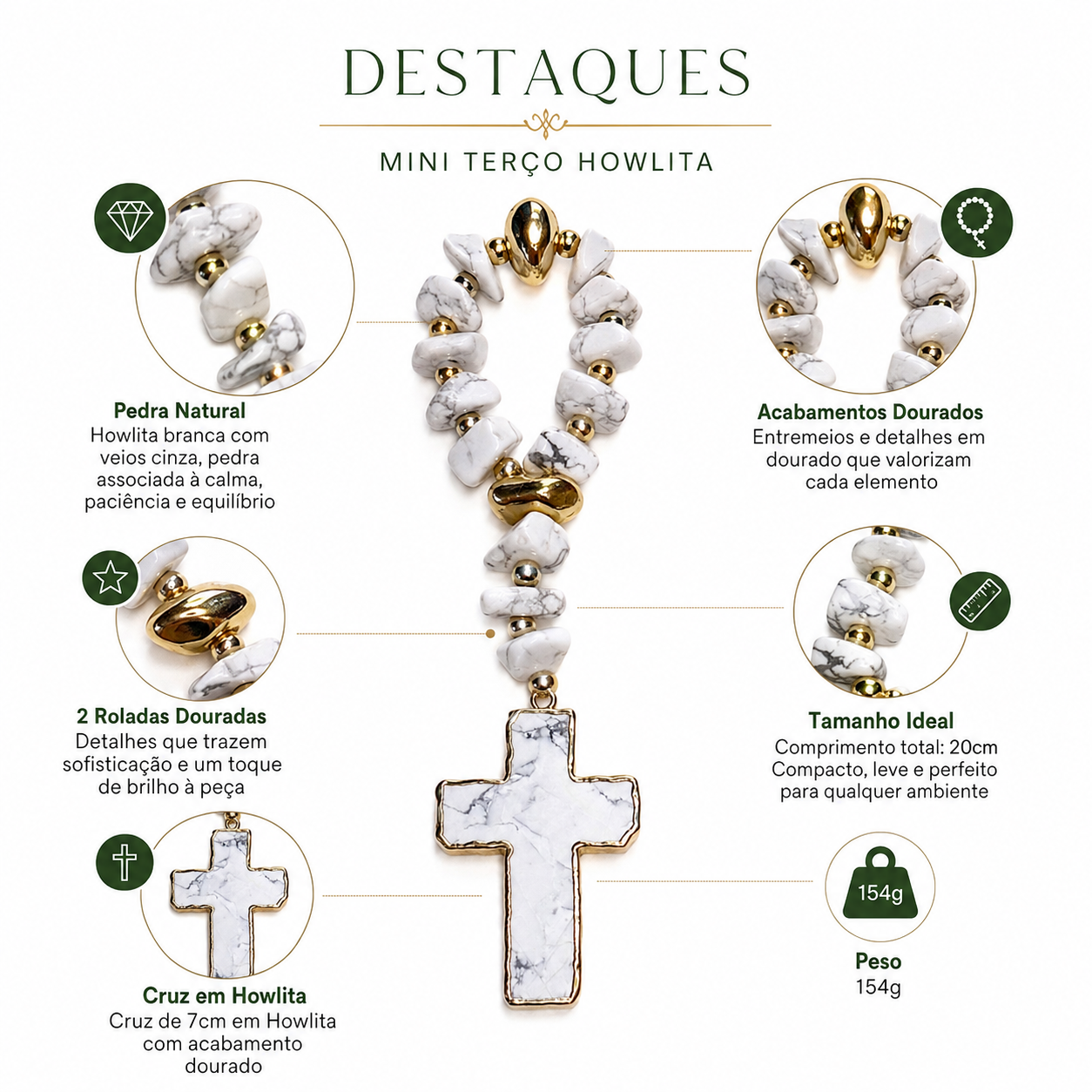 Mini Terço Decorativo em Howlita com Cruz de Pedra e Detalhes Dourados – 20 cm