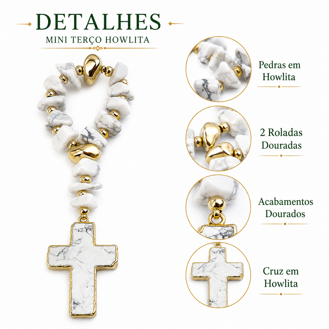 Mini Terço Decorativo em Howlita com Cruz de Pedra e Detalhes Dourados – 20 cm