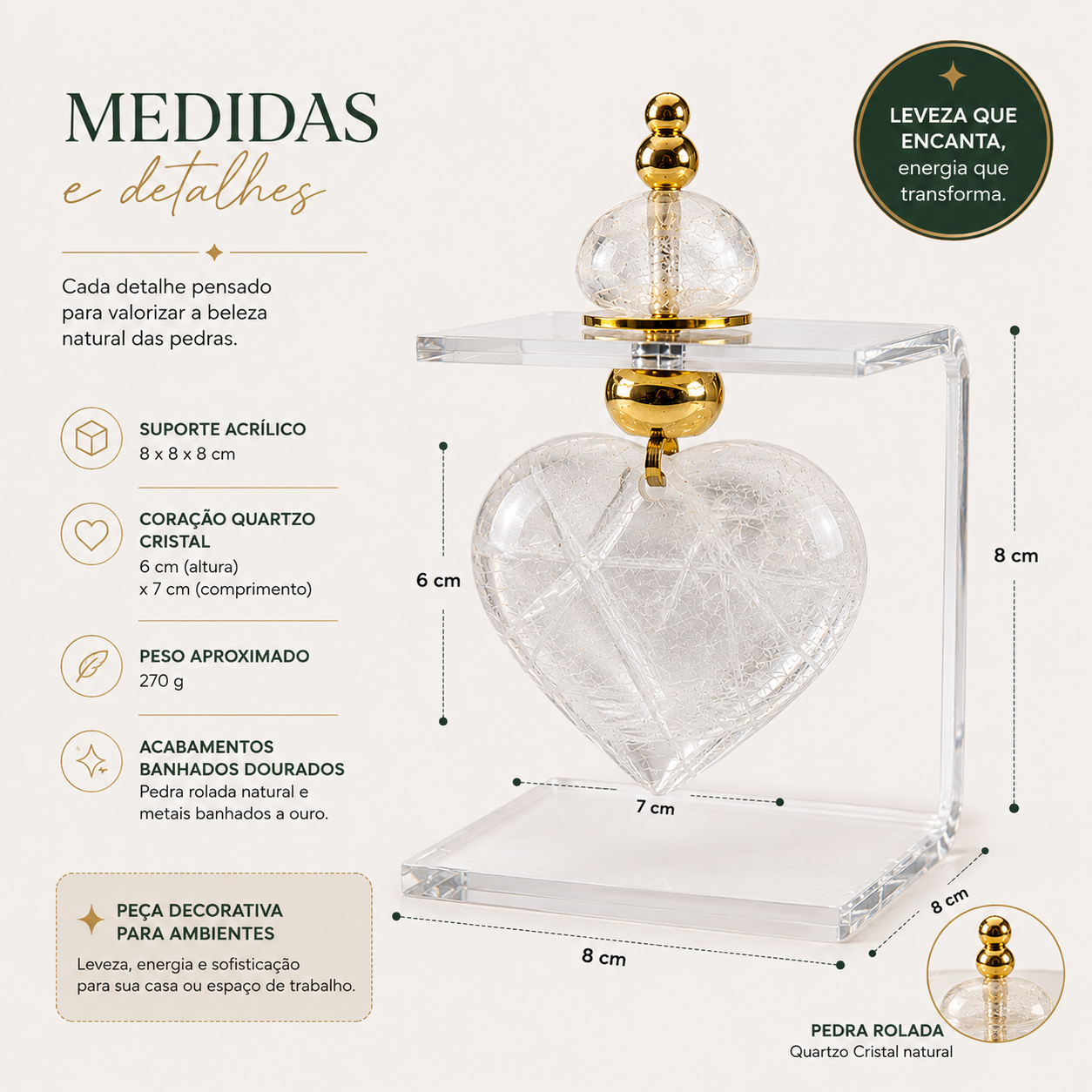 Suporte Acrílico Decorativo com Coração de Quartzo Cristal e Acabamentos Dourados