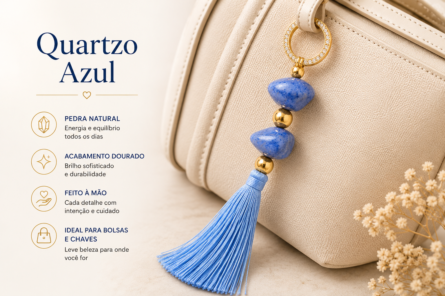 Chaveiro para Bolsa e Chaves com Pedra Natural e Tassel Artesanal