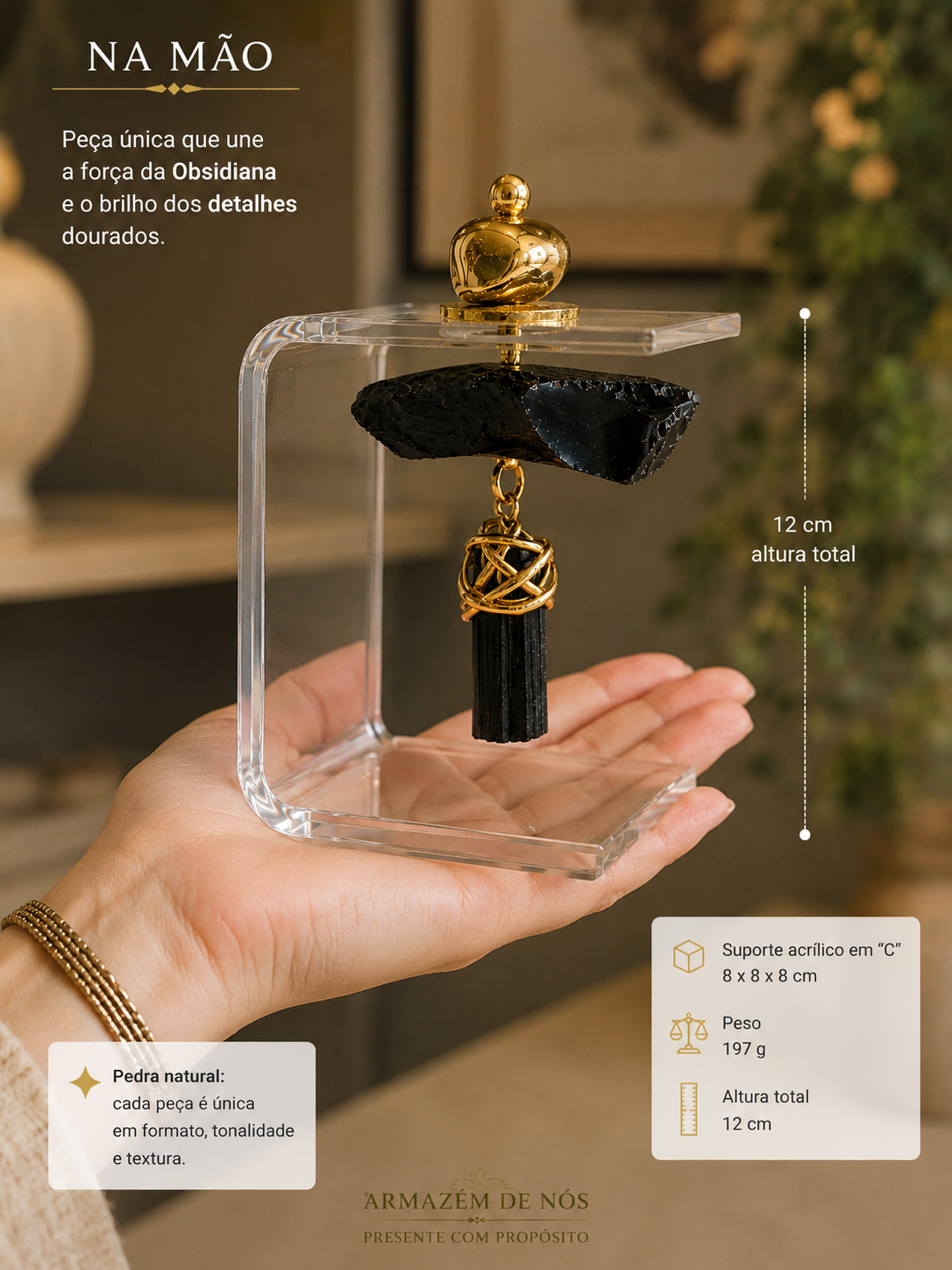Escultura Decorativa em Obsidiana Natural e Turmalina Negra com Suporte Acrílico