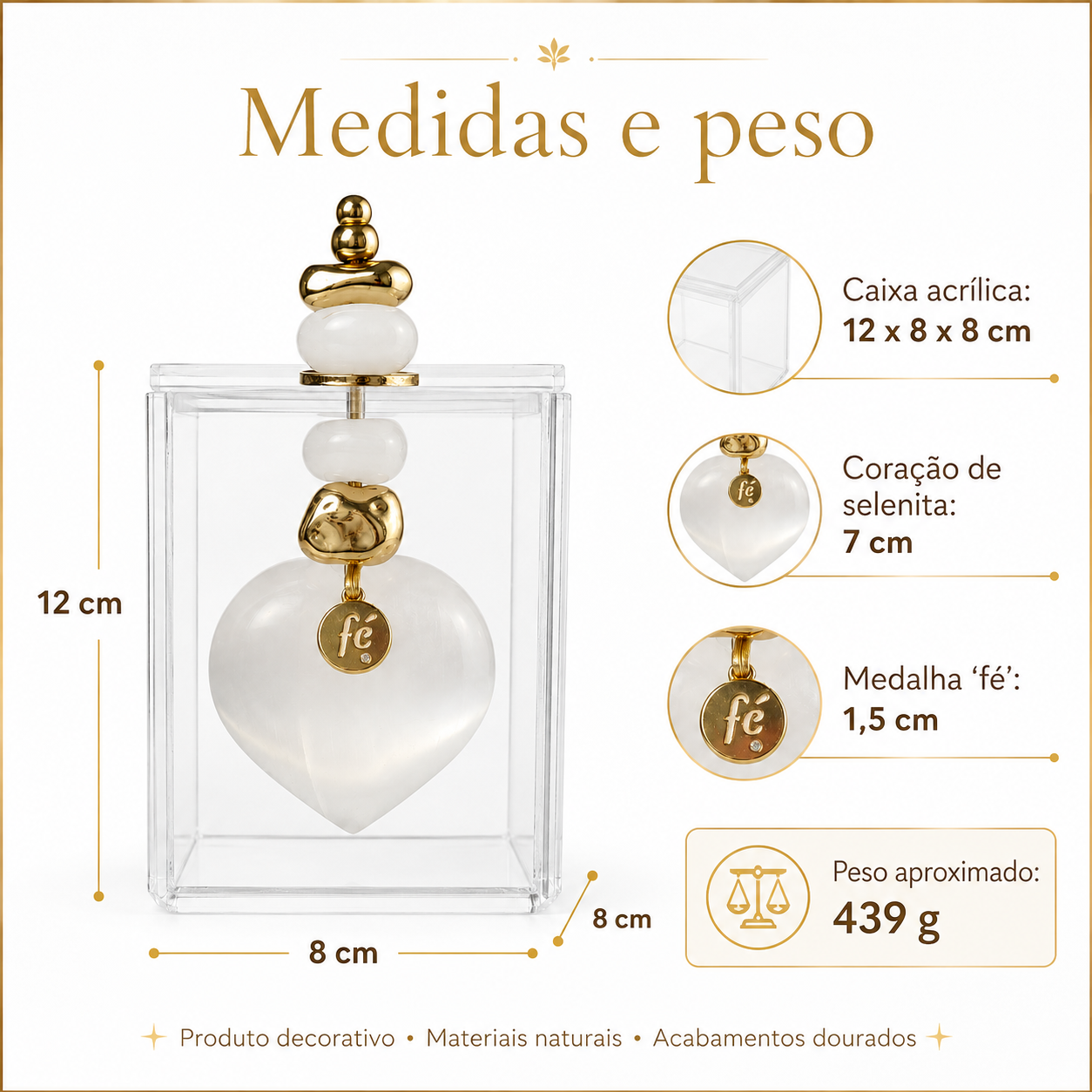Caixa Acrílica Decorativa com Coração de Selenita Natural e Detalhes Dourados