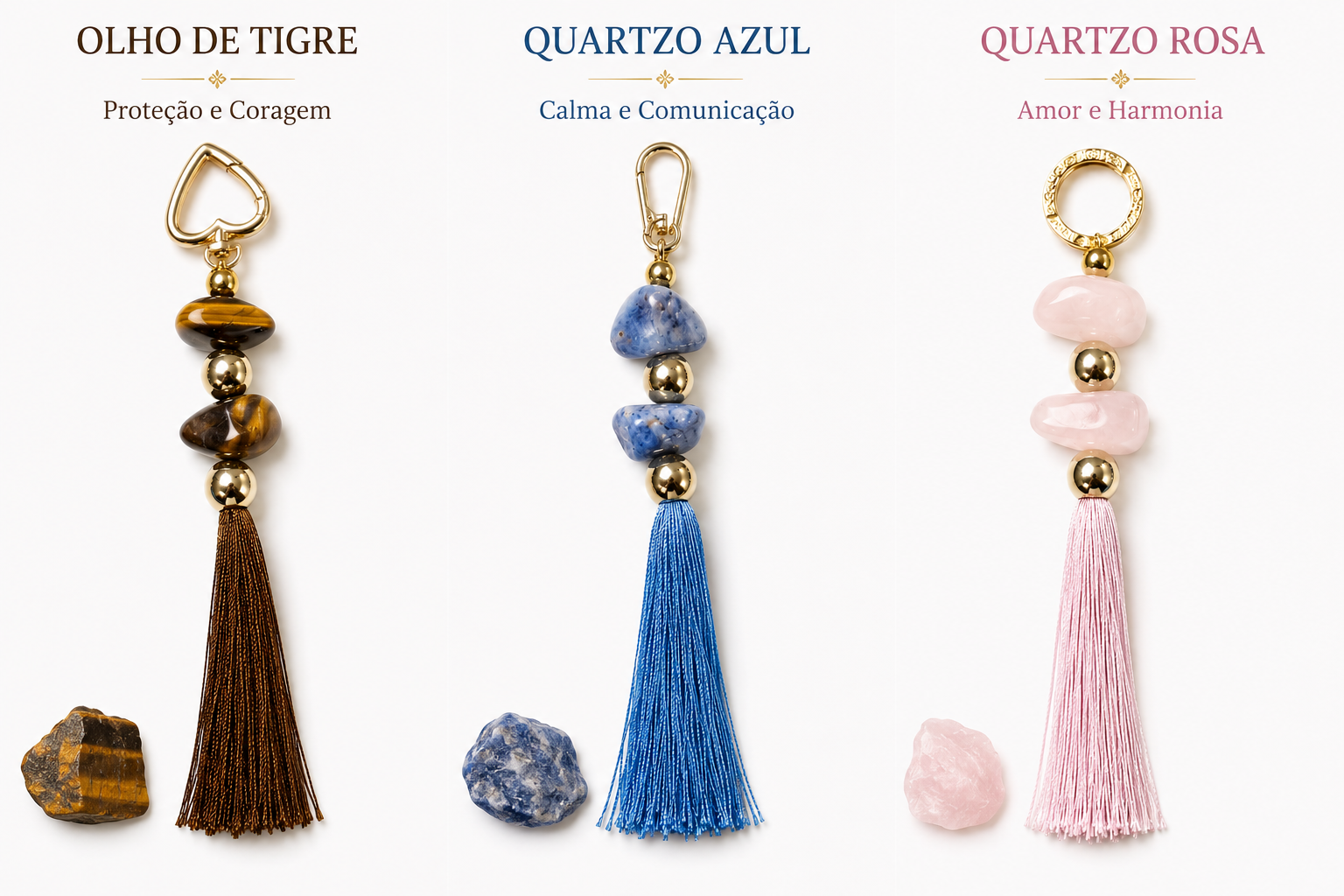 Chaveiro para Bolsa e Chaves com Pedra Natural e Tassel Artesanal