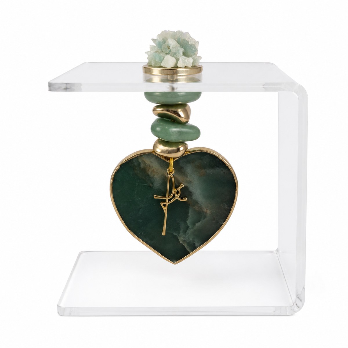 Suporte Decorativo Acrílico com Coração de Quartzo Verde Pedra Natural